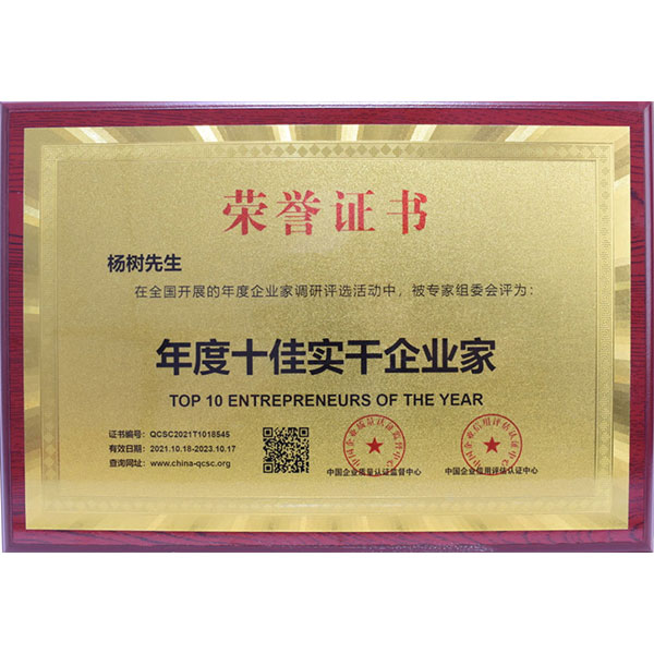 杨树先生荣获年度十佳实干企业家荣誉